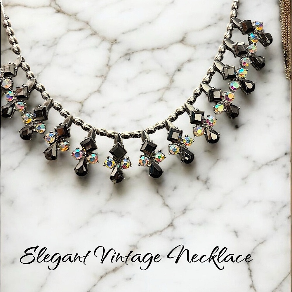 Vintage NY Necklace with AB Rhinestones & Jet Black Crystals